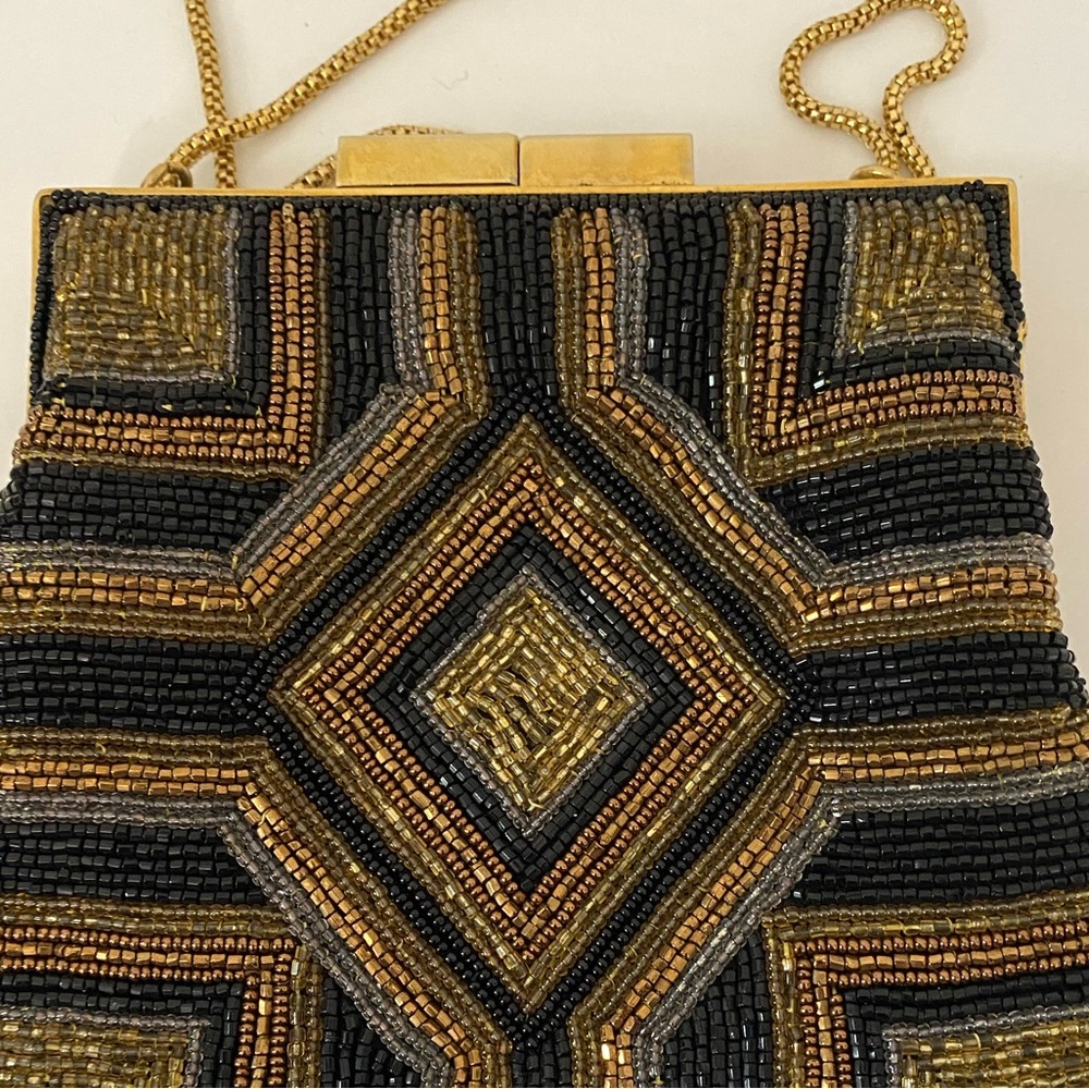 Beaded Geometric Evening Crossbody Bag in Black and Gold